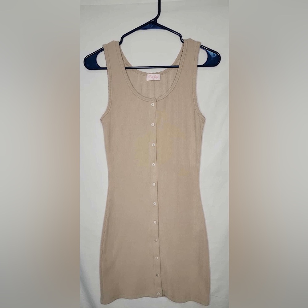 Pink Lily Tan Ribbed Button Up Bodycon Dress Size Small